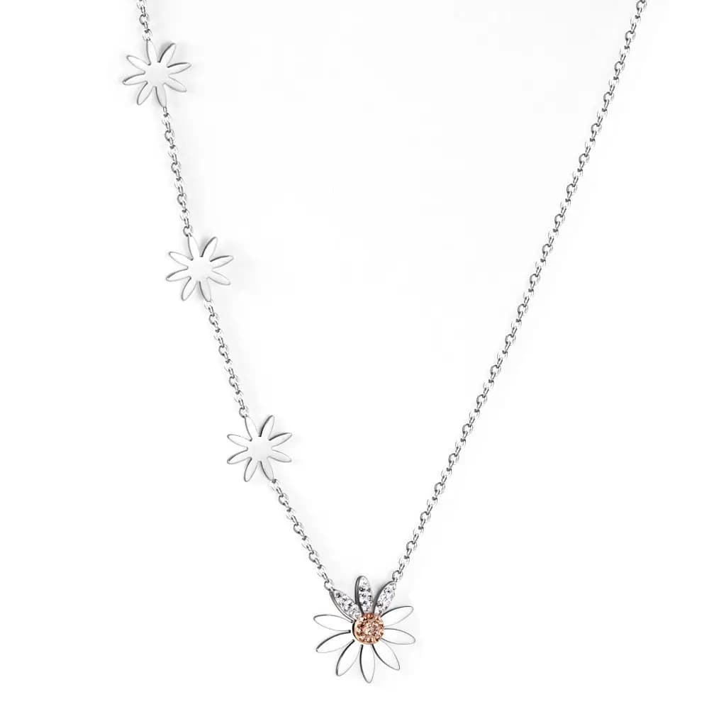 Silverfärgat blomhalsband med glittrande detaljer