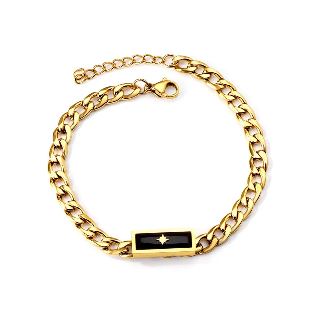 Gold-Toned Link Bracelet with Black Zirconia and Star Detail
