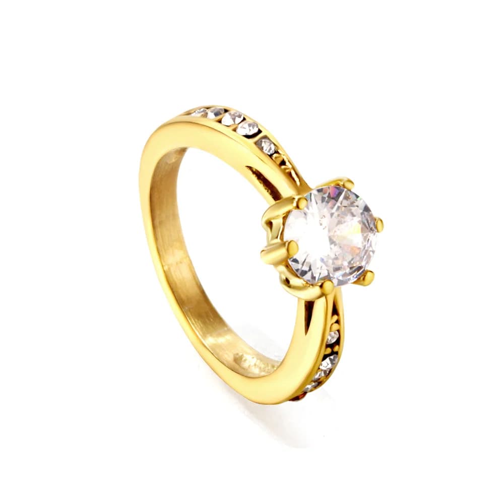 Gold-Toned Solitaire Ring with Clear Stones – Size 7