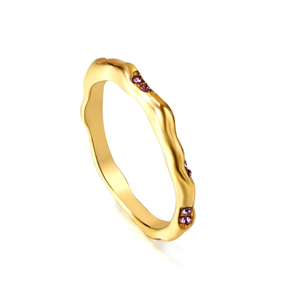 Gold-Toned Wavy Ring with Purple Stones – Size 7