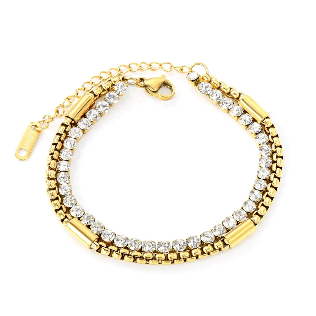 Gold-Toned Double Chain Bracelet with Sparkling Stones