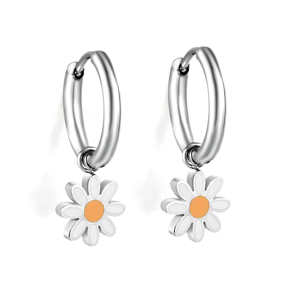 Silver-Toned Hoop Earrings with Daisy Charms