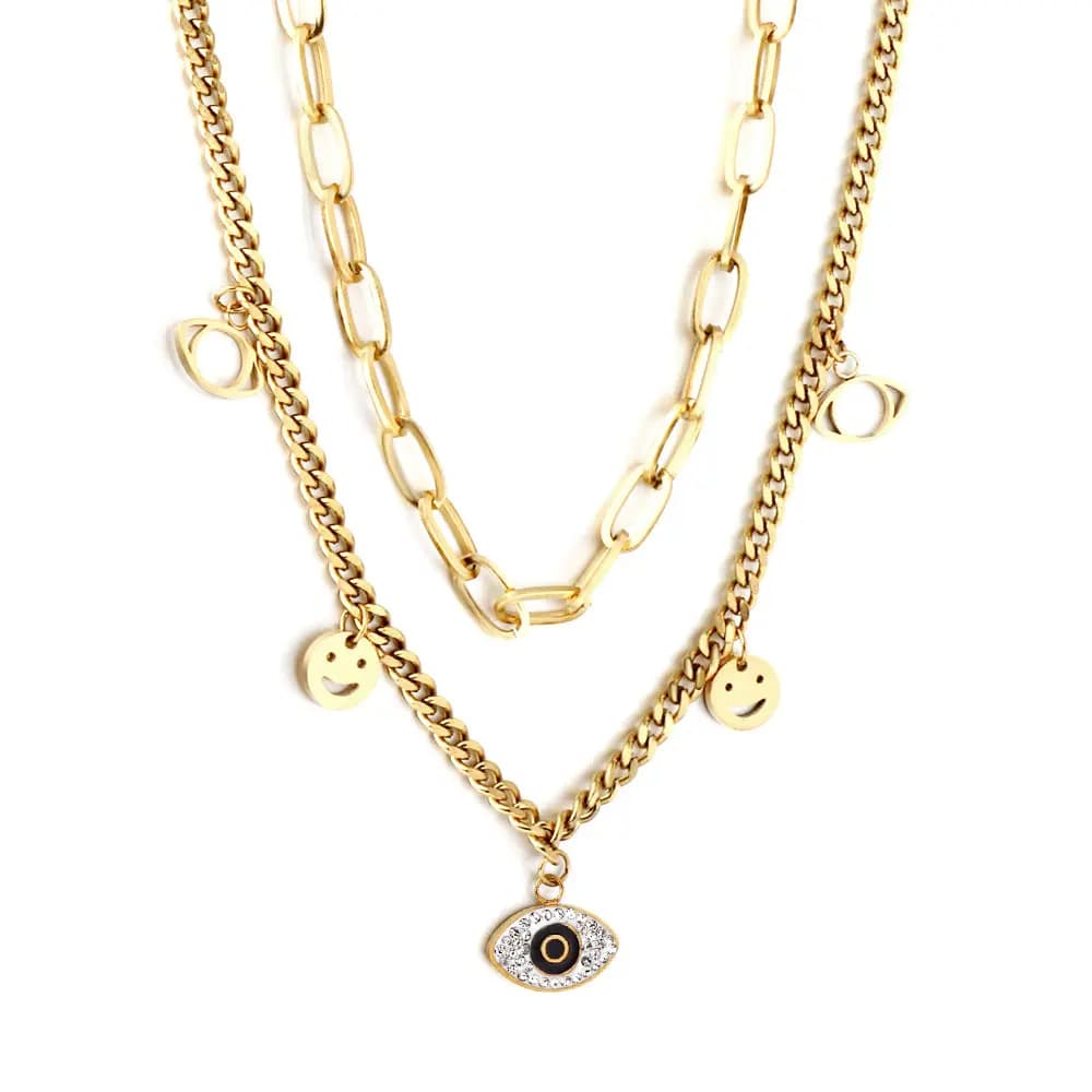 Double-Layer Necklace with Smiley and Eye Charms