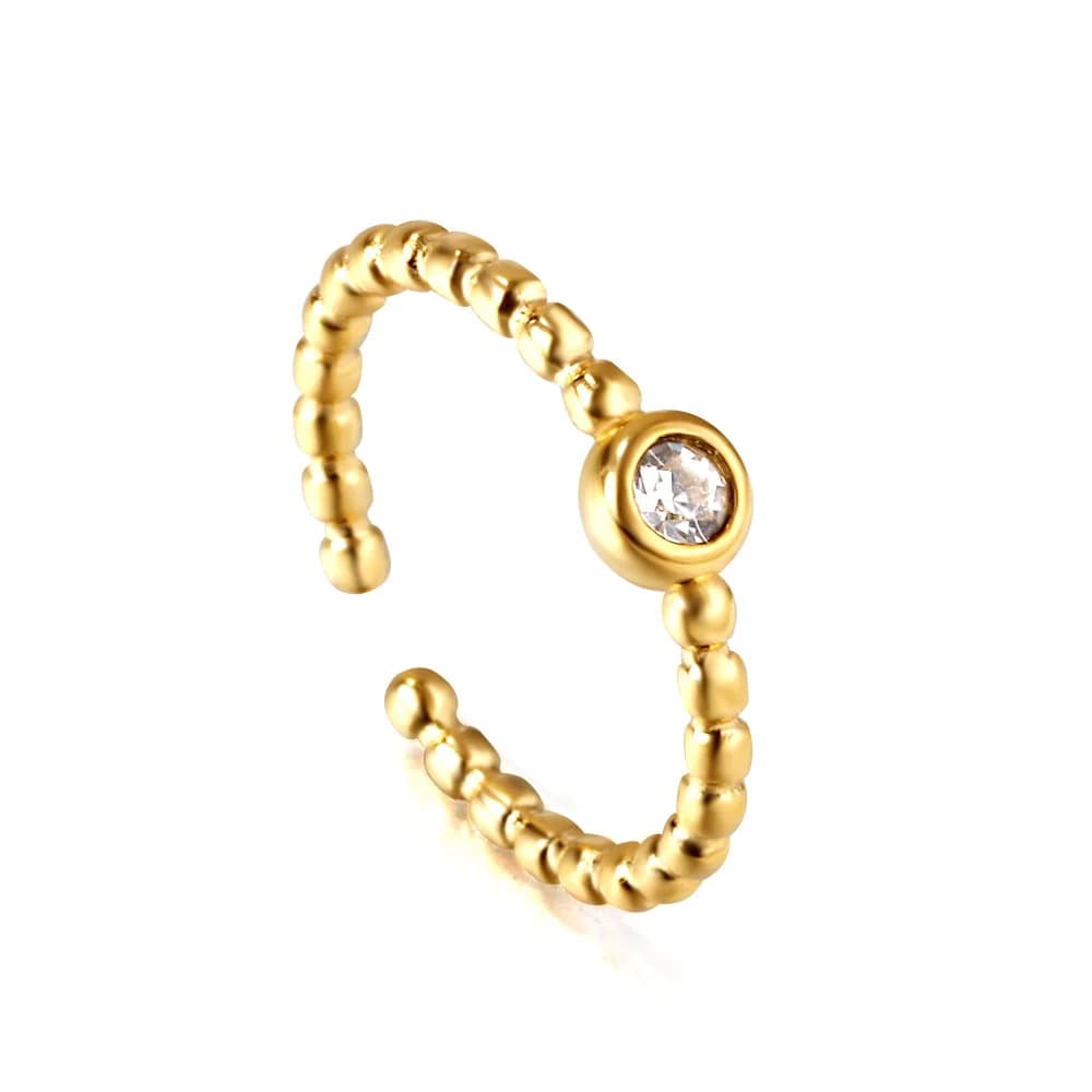 Gold-Toned Beaded Ring with a Clear Stone