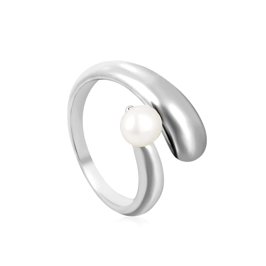 Silver-Toned Pearl Ring with a Flowing Design