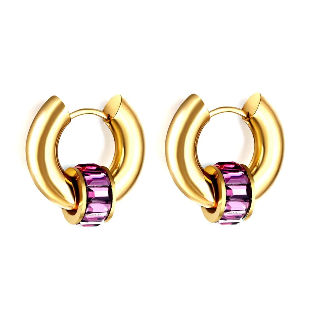 Gold-Toned Hoop Earrings with Purple Baguette Stones