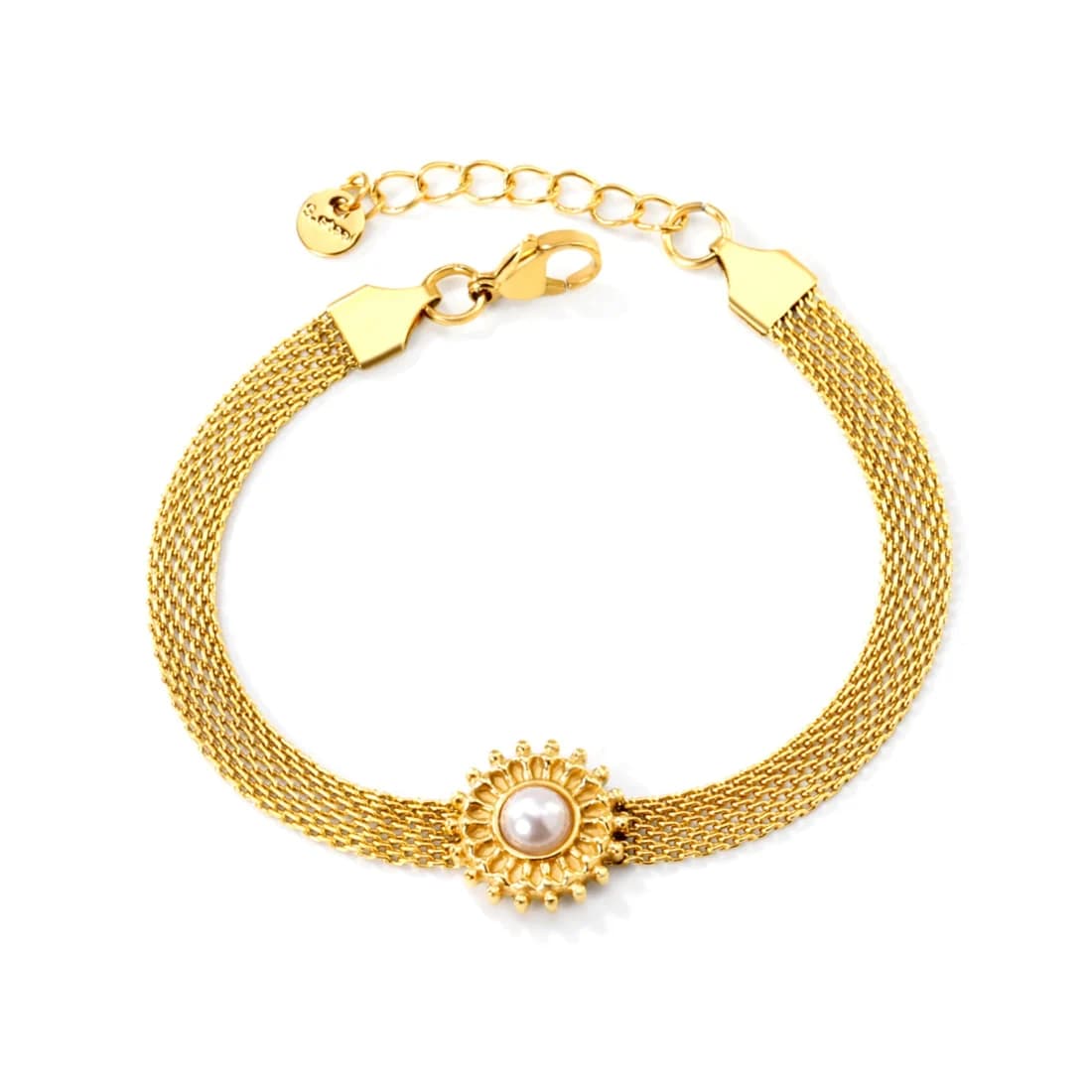 Gold-Toned Mesh Bracelet with Pearl Detail