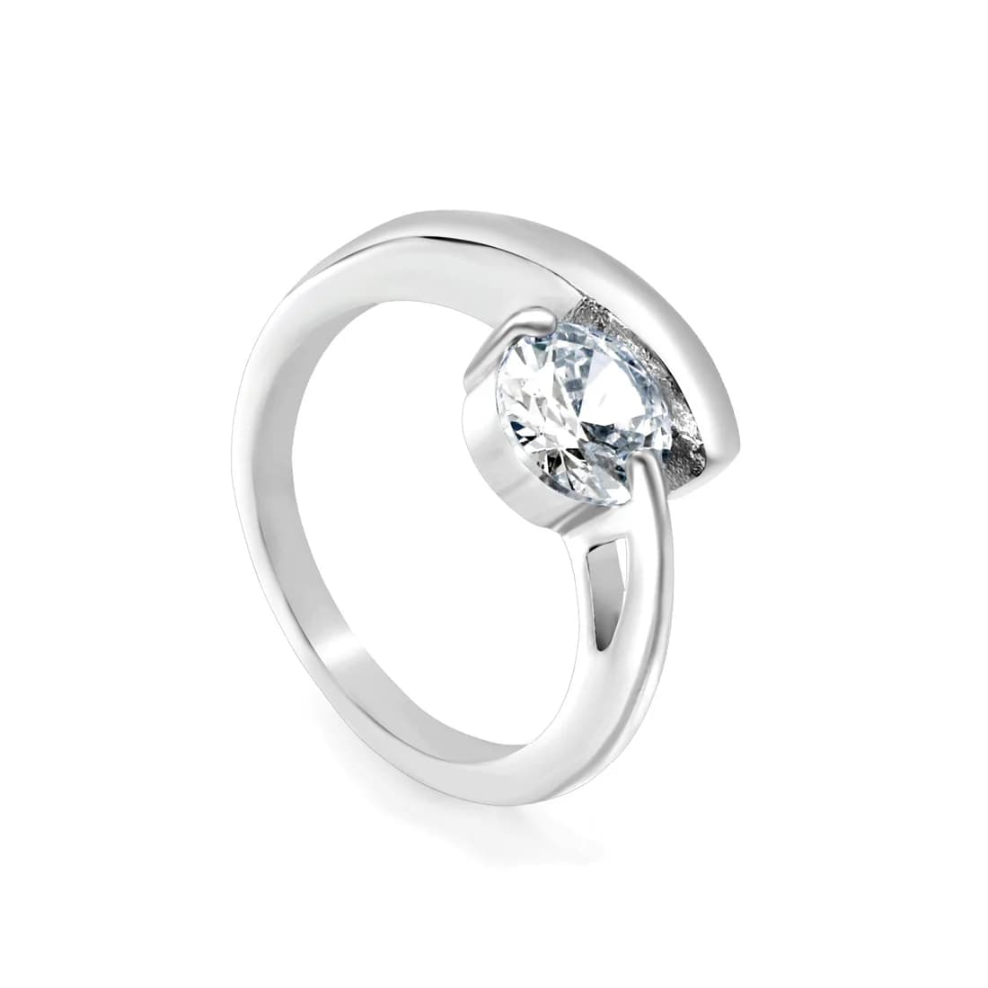 Silver-Toned Ring with a Round Stone and Flowing Design