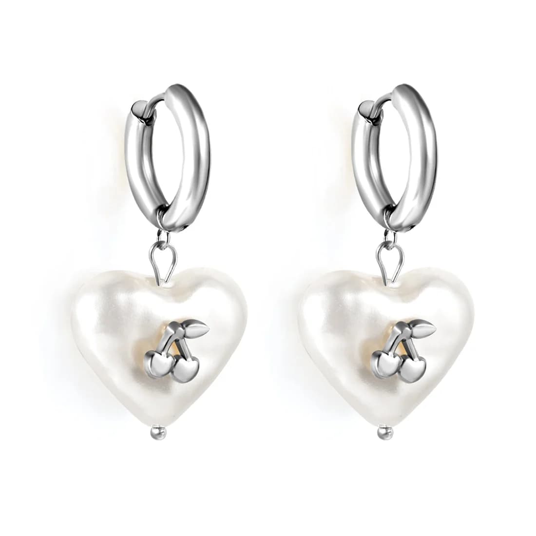 Silver-Toned Earrings with Pearl Hearts and Cherries