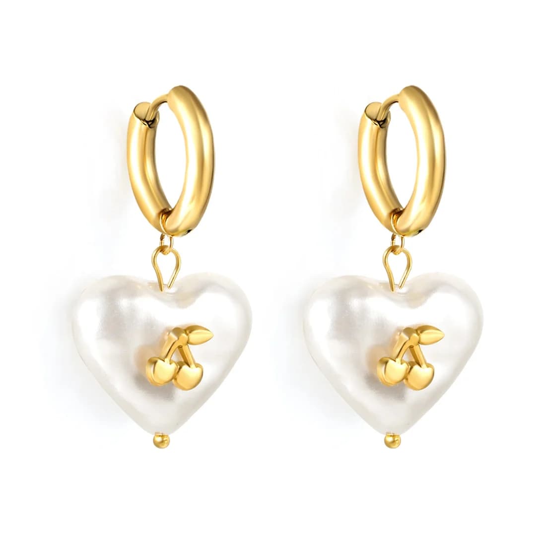 Hoop Earrings with Pearlescent Hearts and Cherry Details