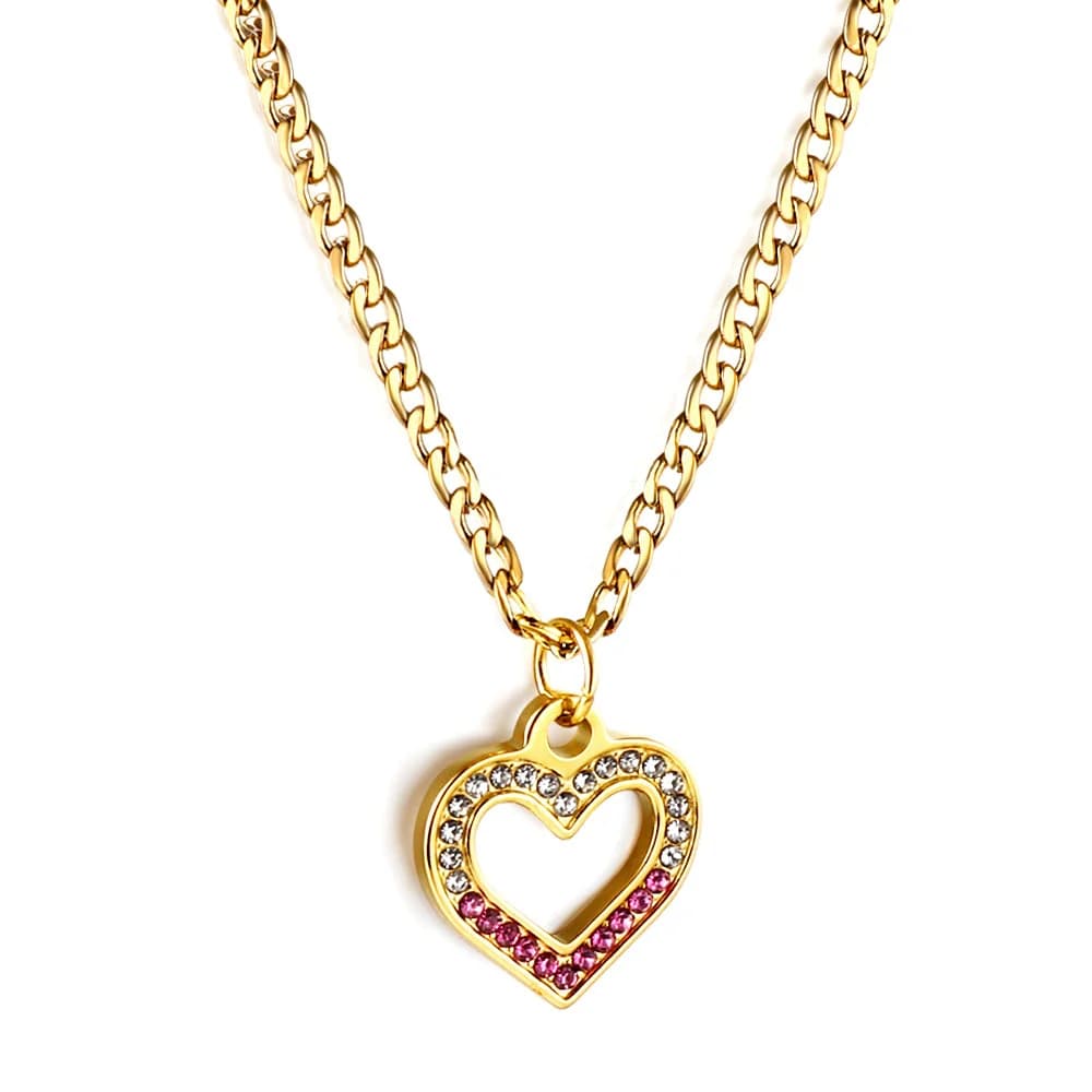 Heart Necklace with Clear and Pink Stones – 18K PVD Gold Plating